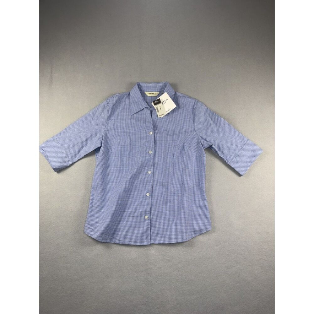 NWT Eddie Bauer Women's Stretch Blue Gingham Button Down Shirt Size Small